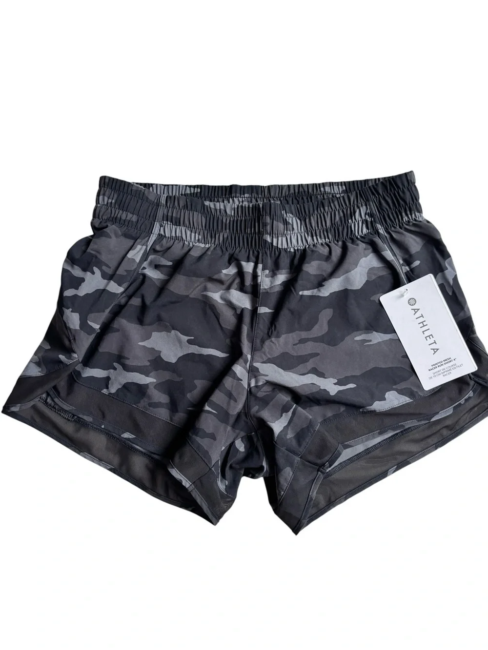 Athleta NWT Women's Black & Gray Camo Mesh Racer Run Short Athletic Shorts